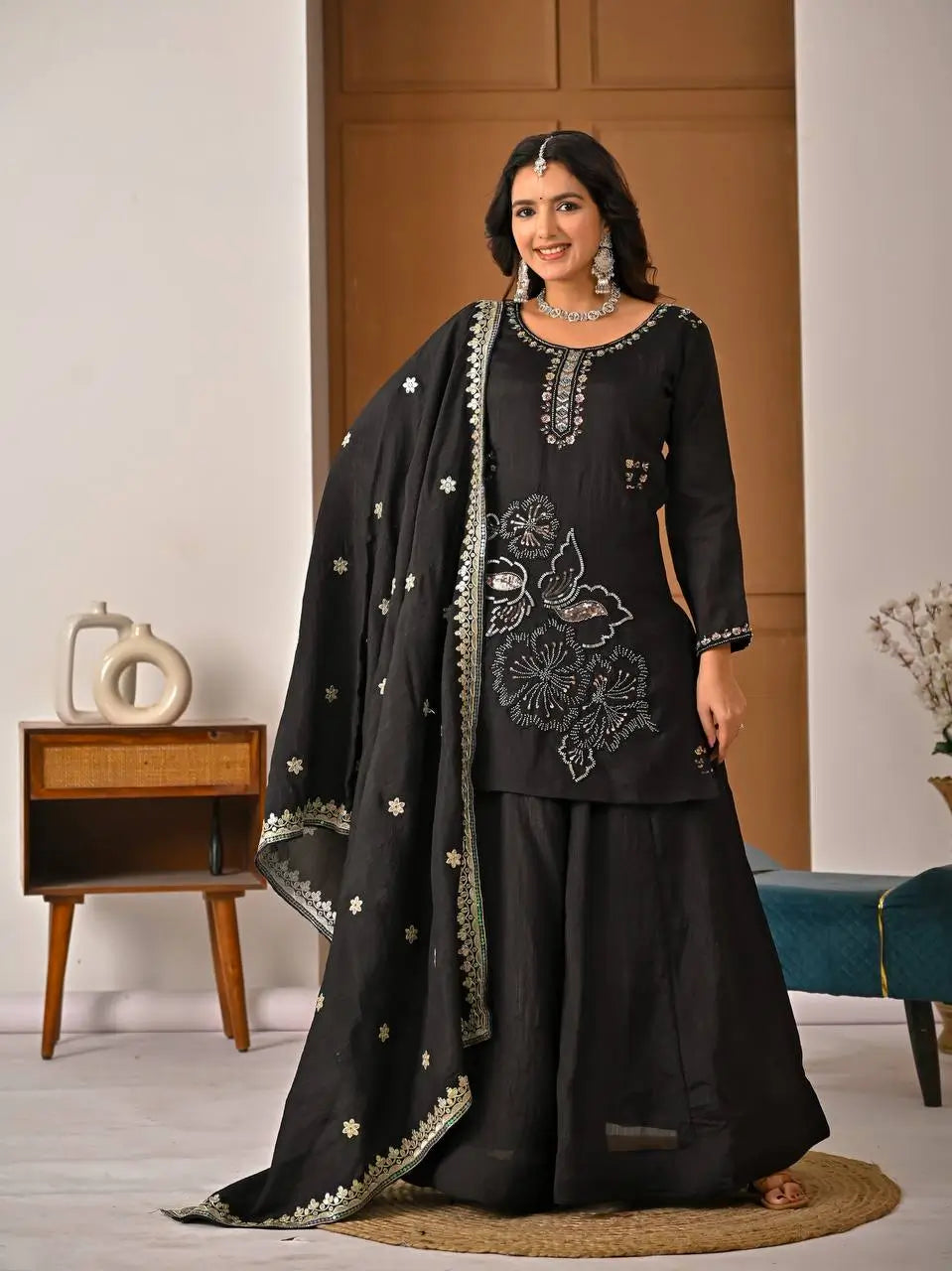 Black Beadwork Sharara Set