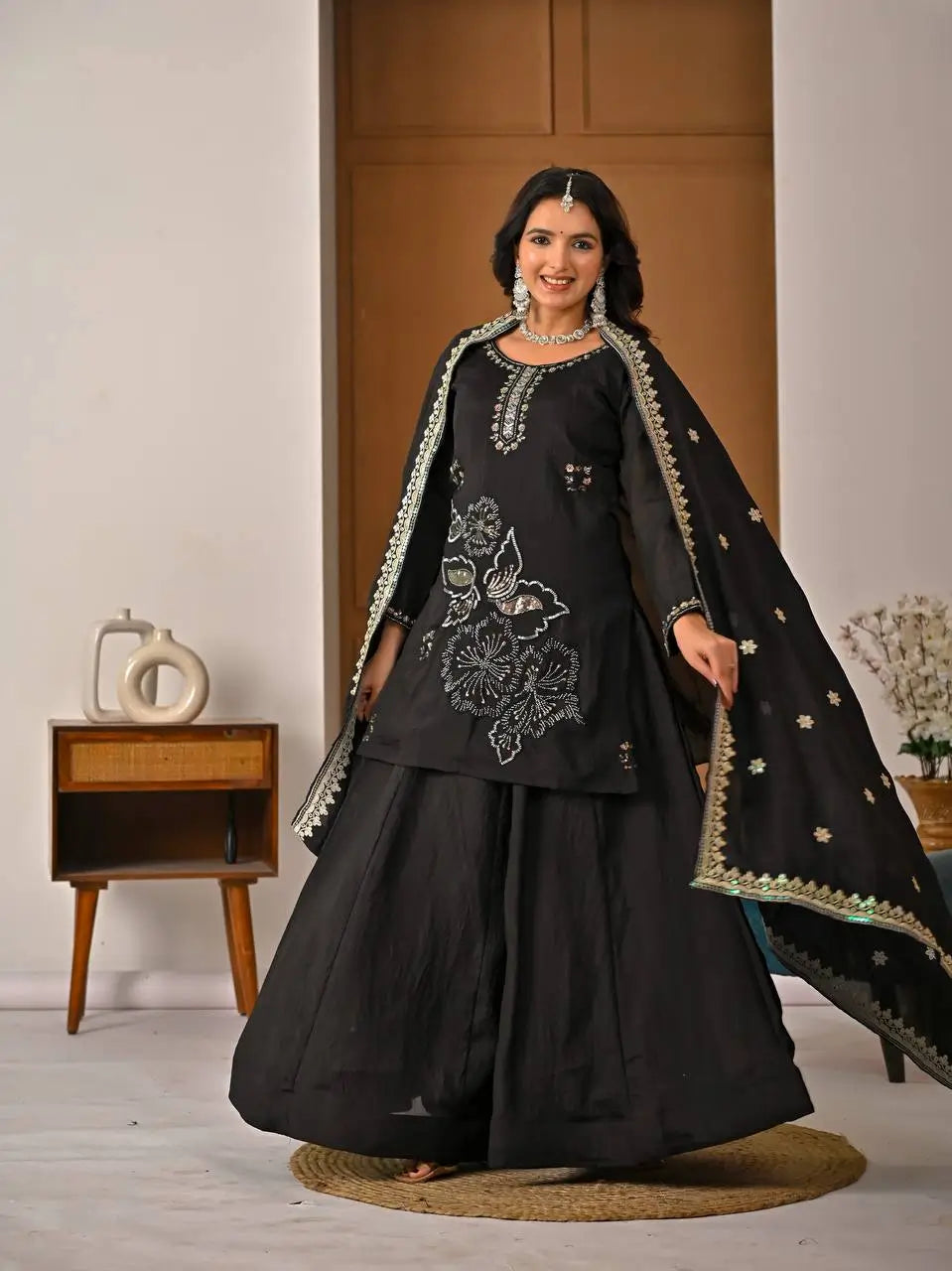 Black Beadwork Sharara Set
