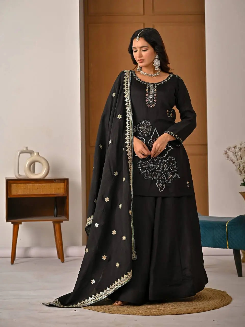 Black Beadwork Sharara Set