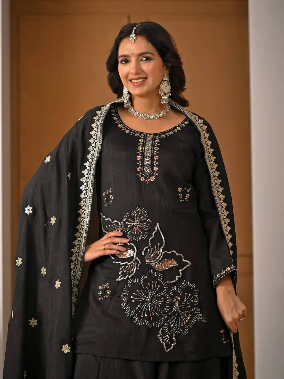 Black Beadwork Sharara Set