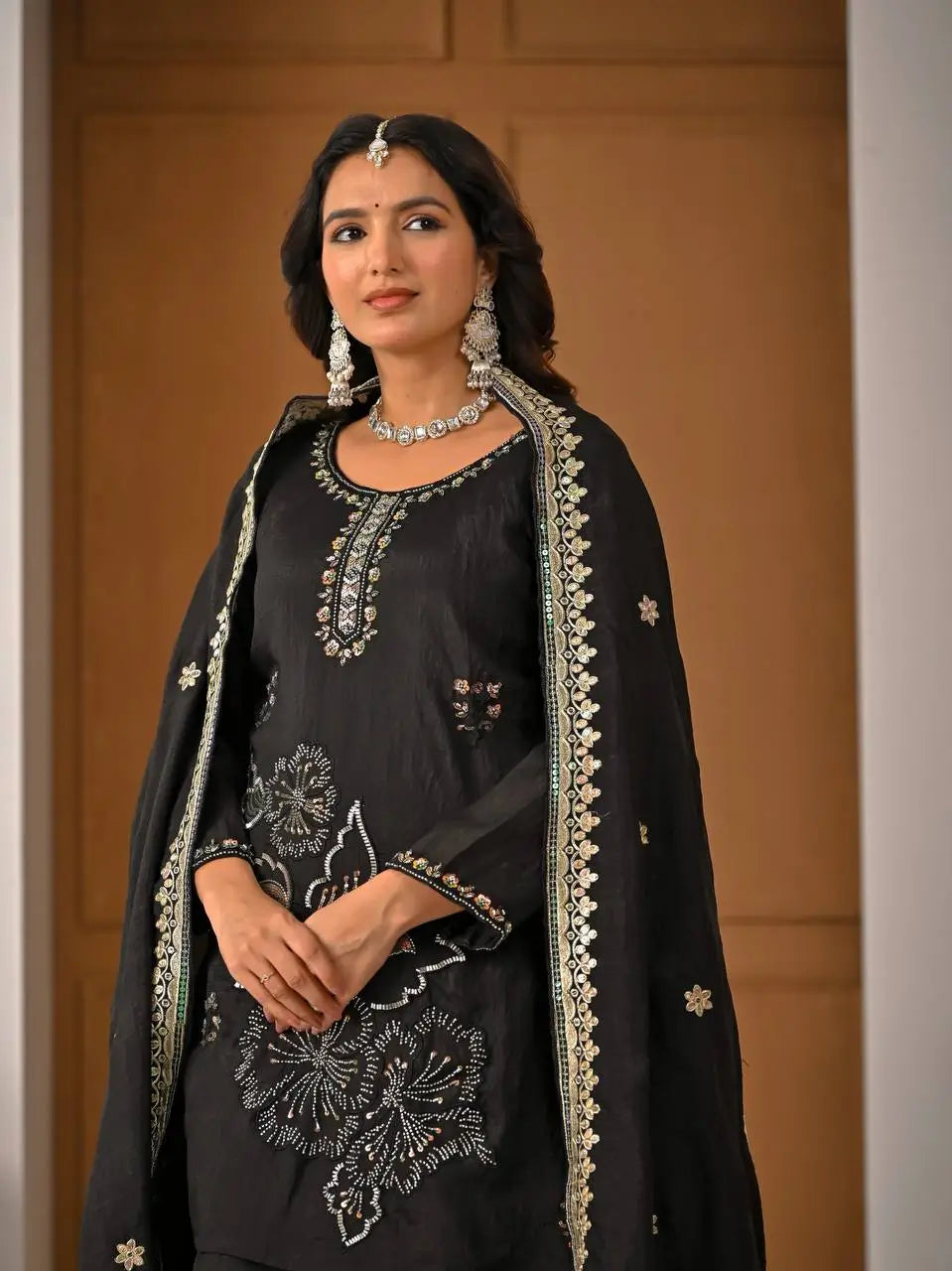 Black Beadwork Sharara Set