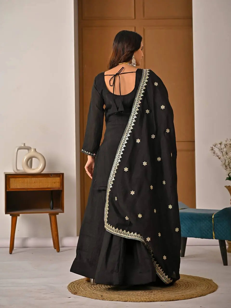 Black Beadwork Sharara Set