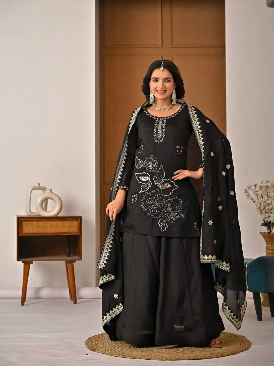 Black Beadwork Sharara Set