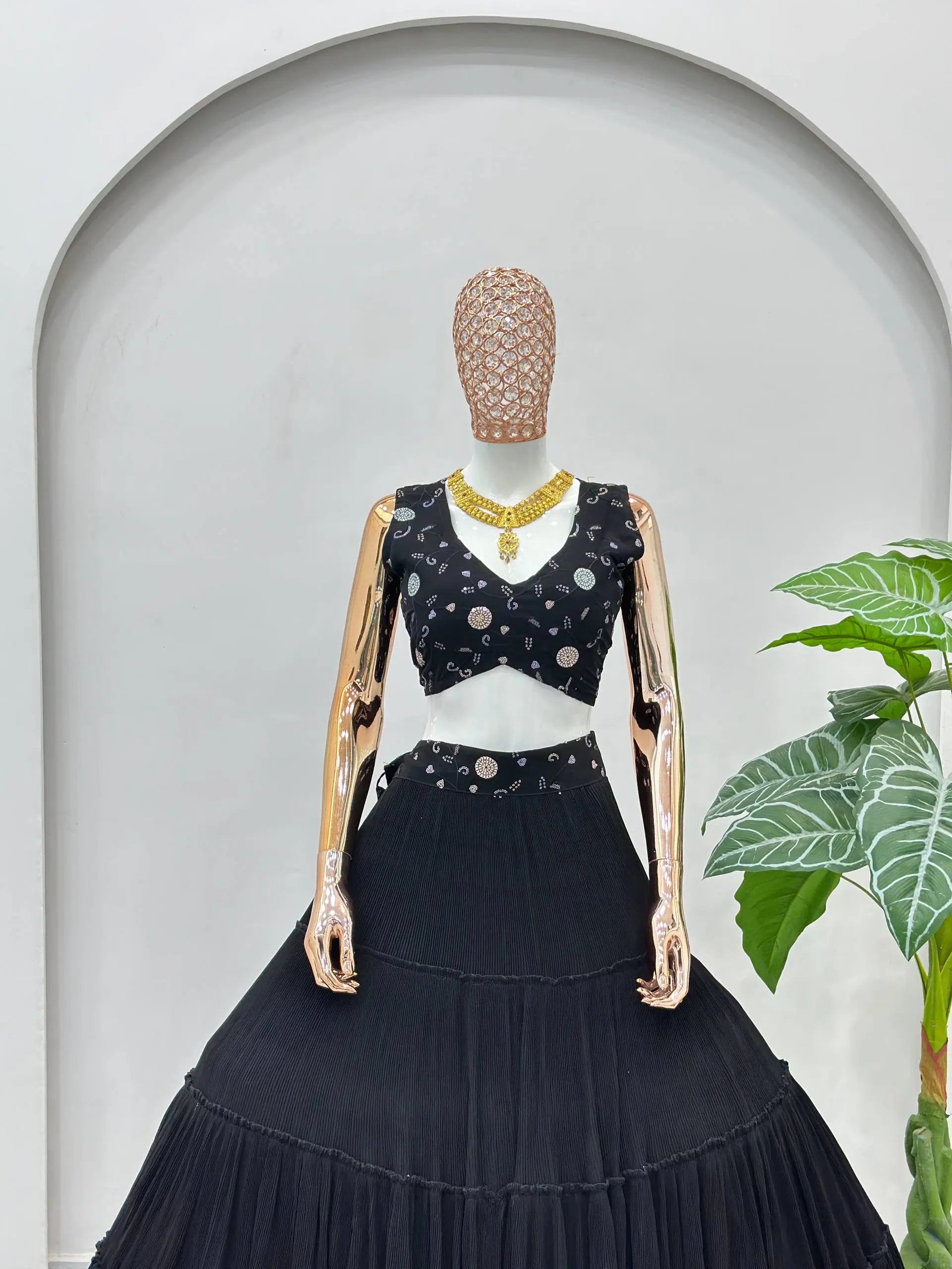 Black Blooming Ruffle Tiered Lehenga Set