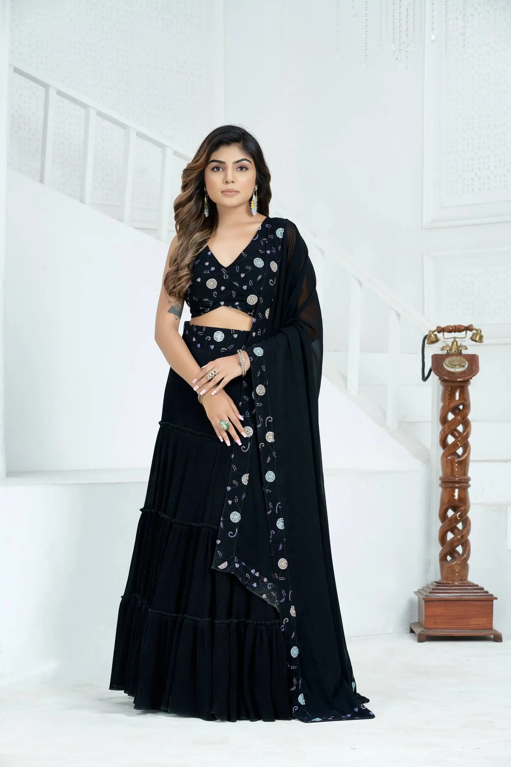 Black Blooming Ruffle Tiered Lehenga Set