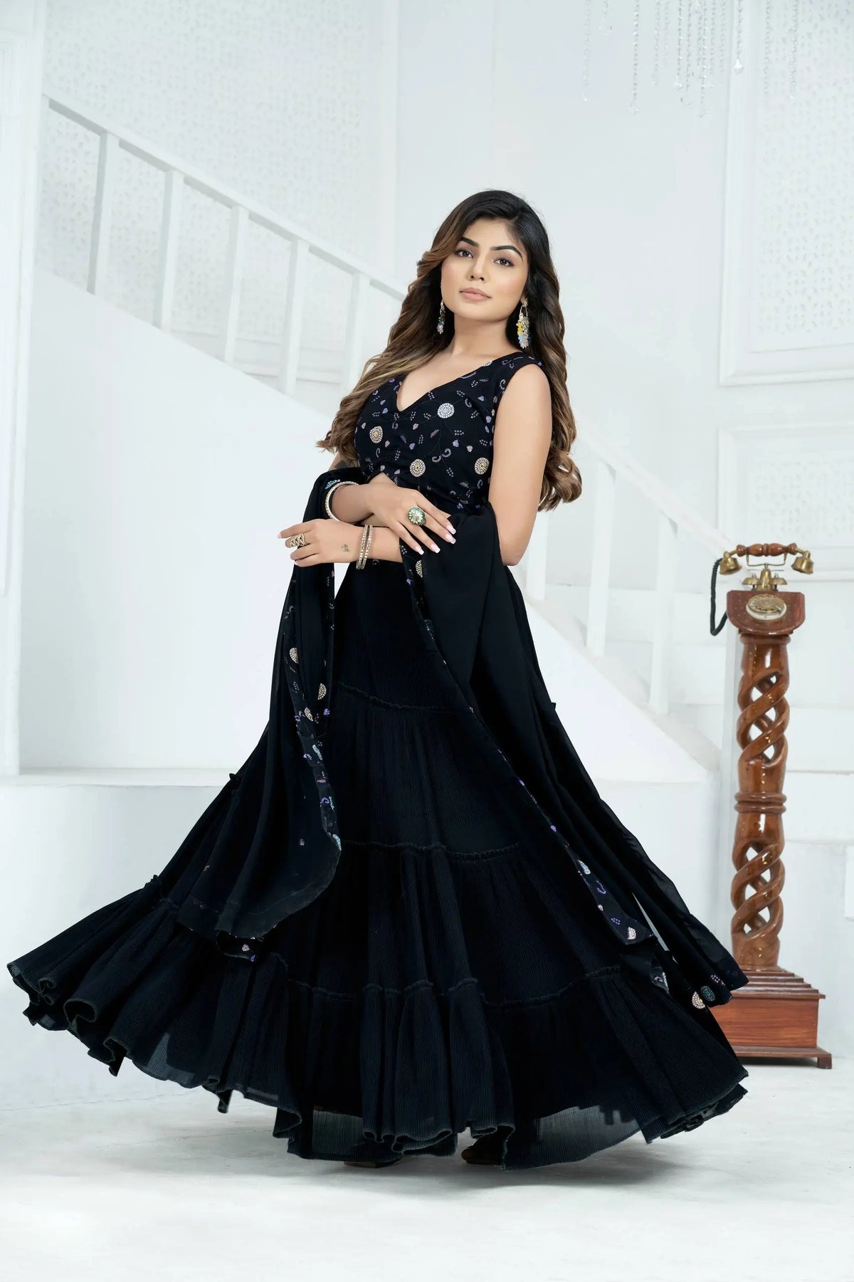 Black Blooming Ruffle Tiered Lehenga Set