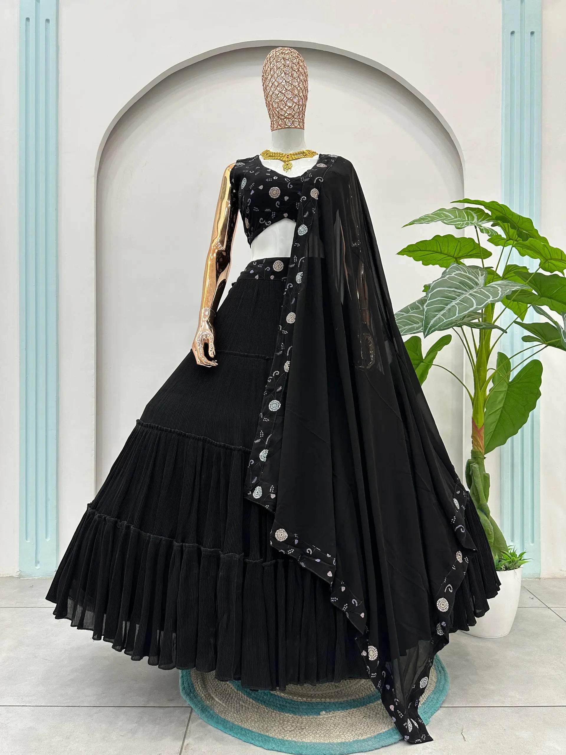 Black Blooming Ruffle Tiered Lehenga Set
