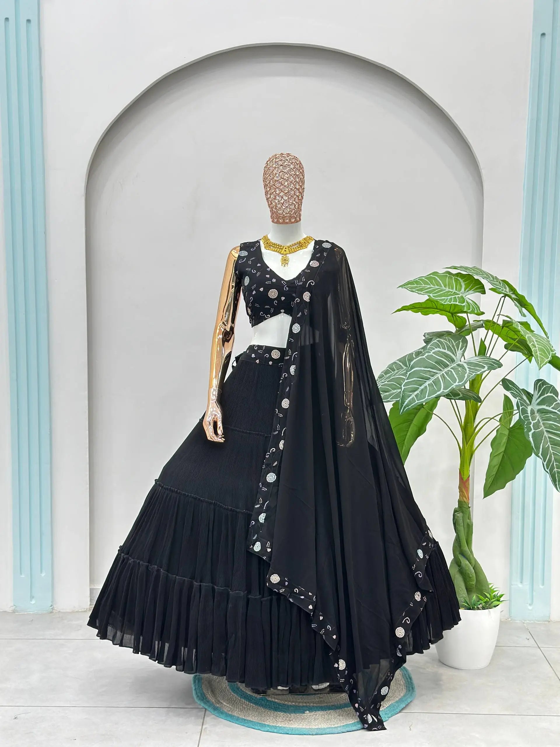Black Blooming Ruffle Tiered Lehenga Set
