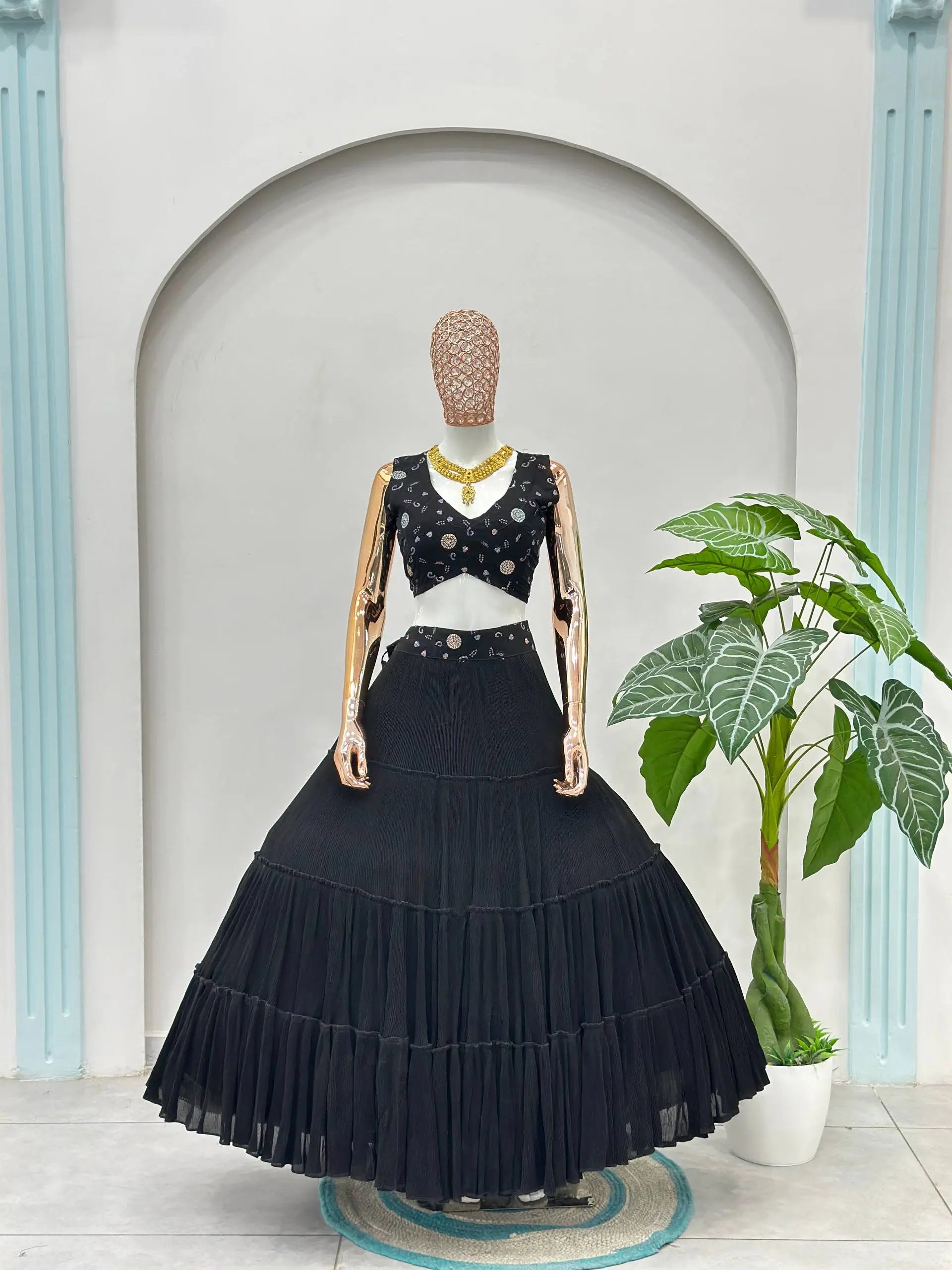 Black Blooming Ruffle Tiered Lehenga Set