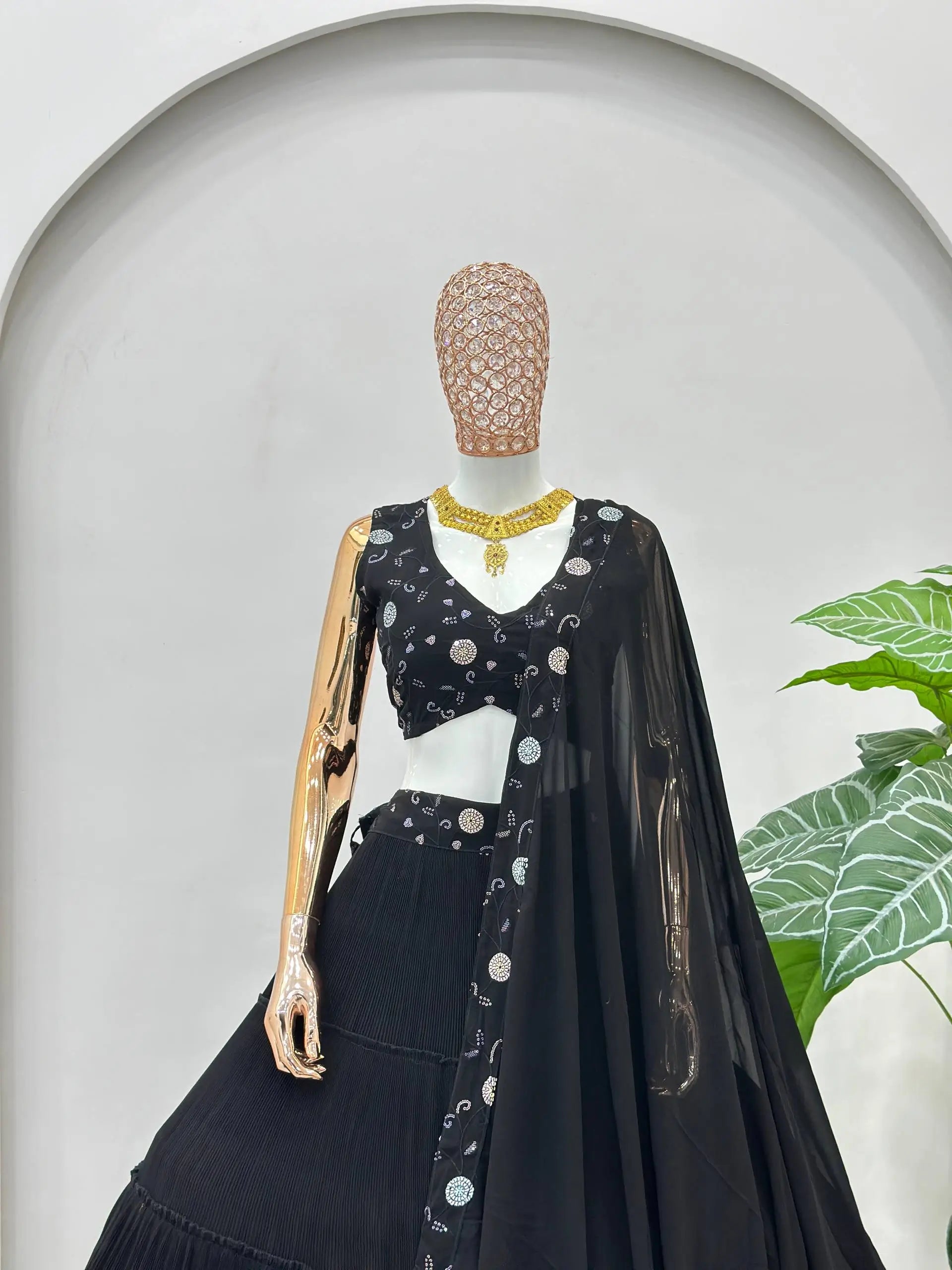 Black Blooming Ruffle Tiered Lehenga Set