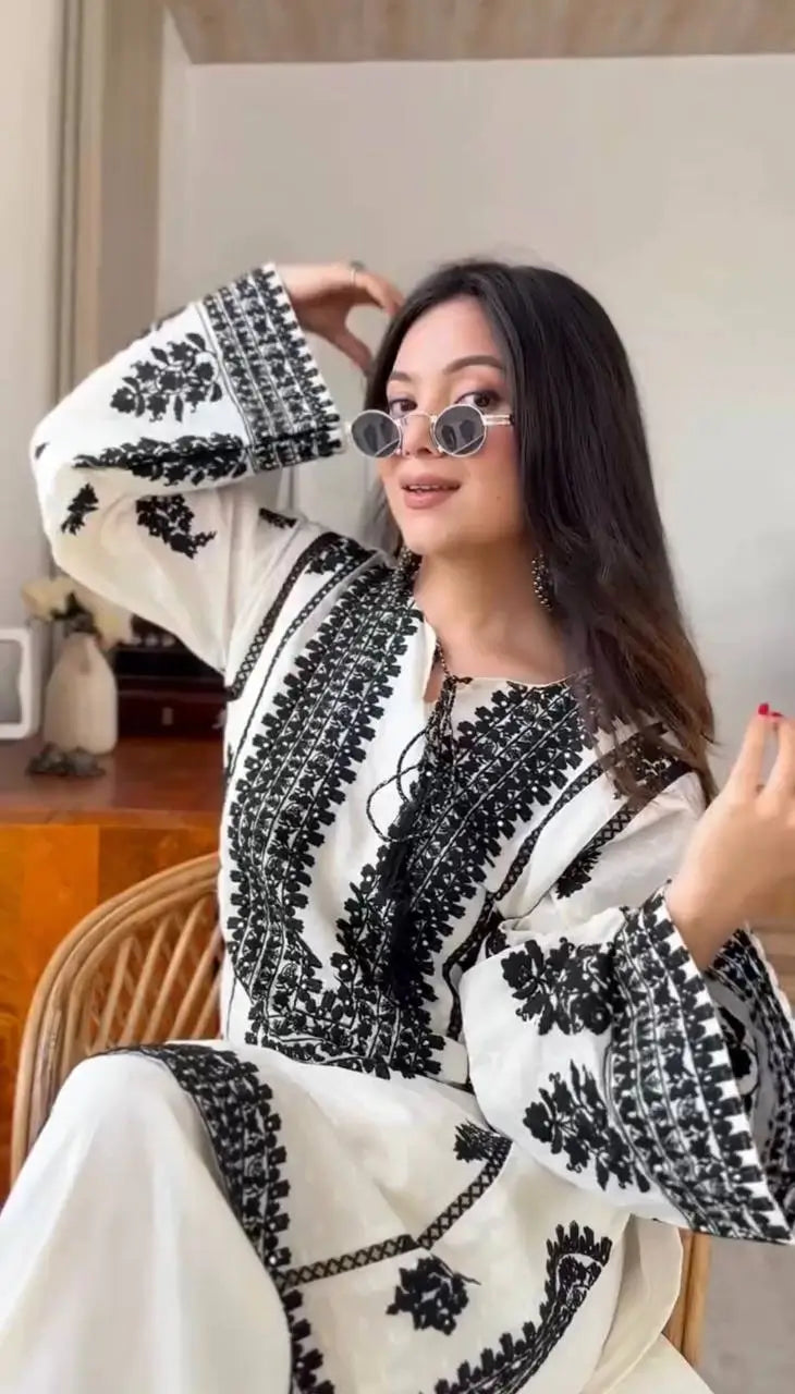 Black Chain Stitch work with White Kurta Set