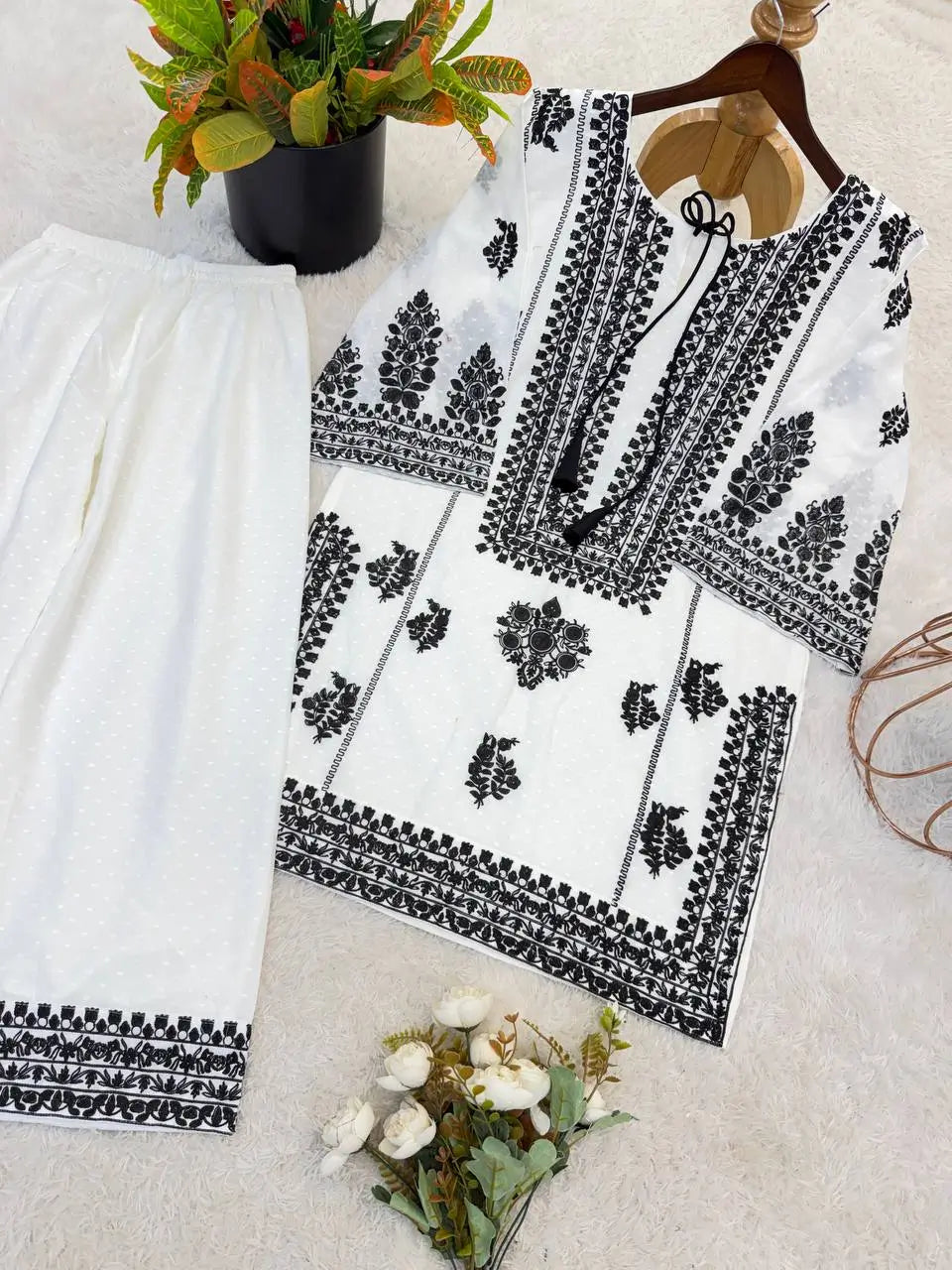Black Chain Stitch work with White Kurta Set
