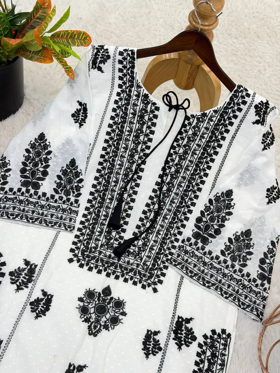 Black Chain Stitch work with White Kurta Set
