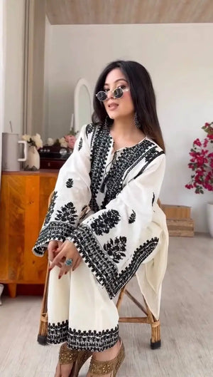 Black Chain Stitch work with White Kurta Set