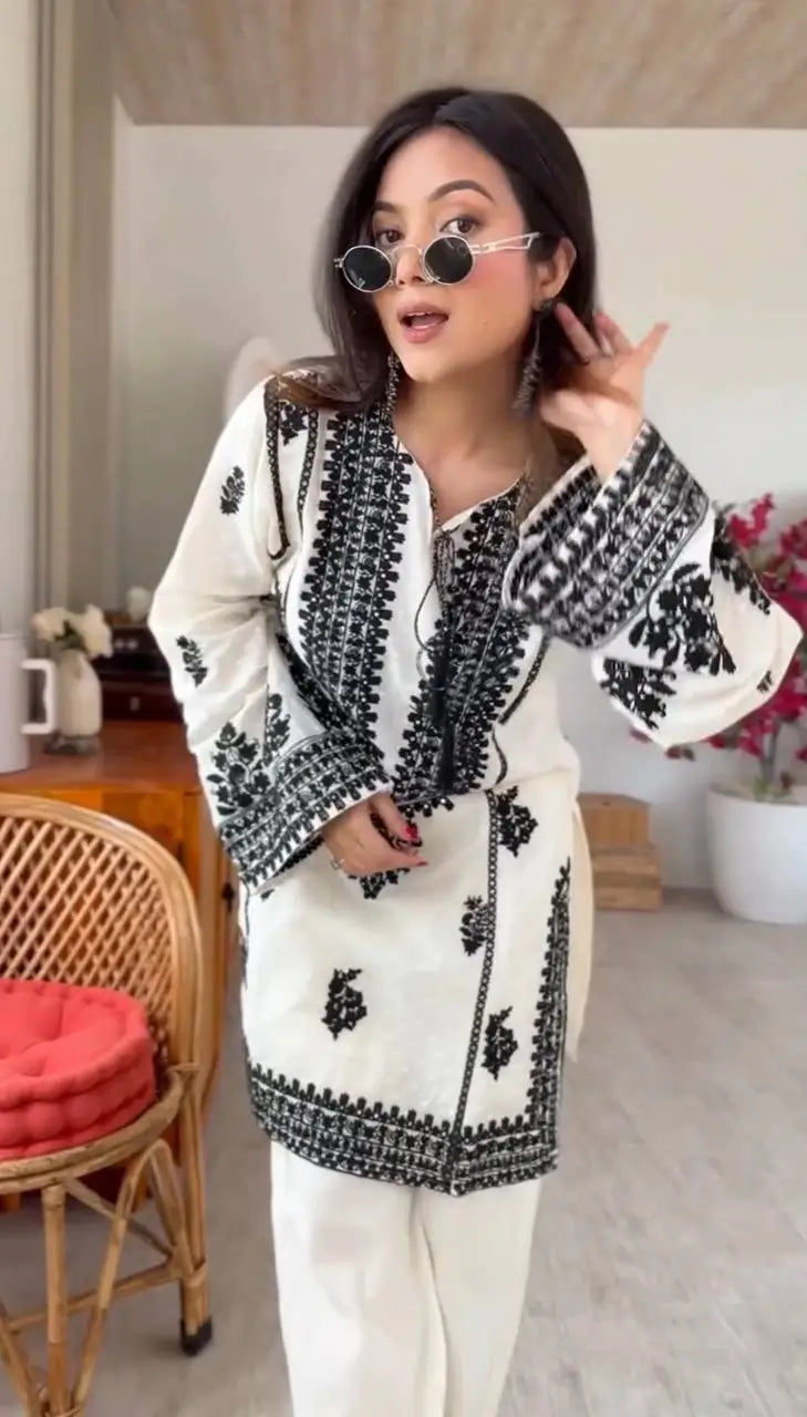 Black Chain Stitch work with White Kurta Set