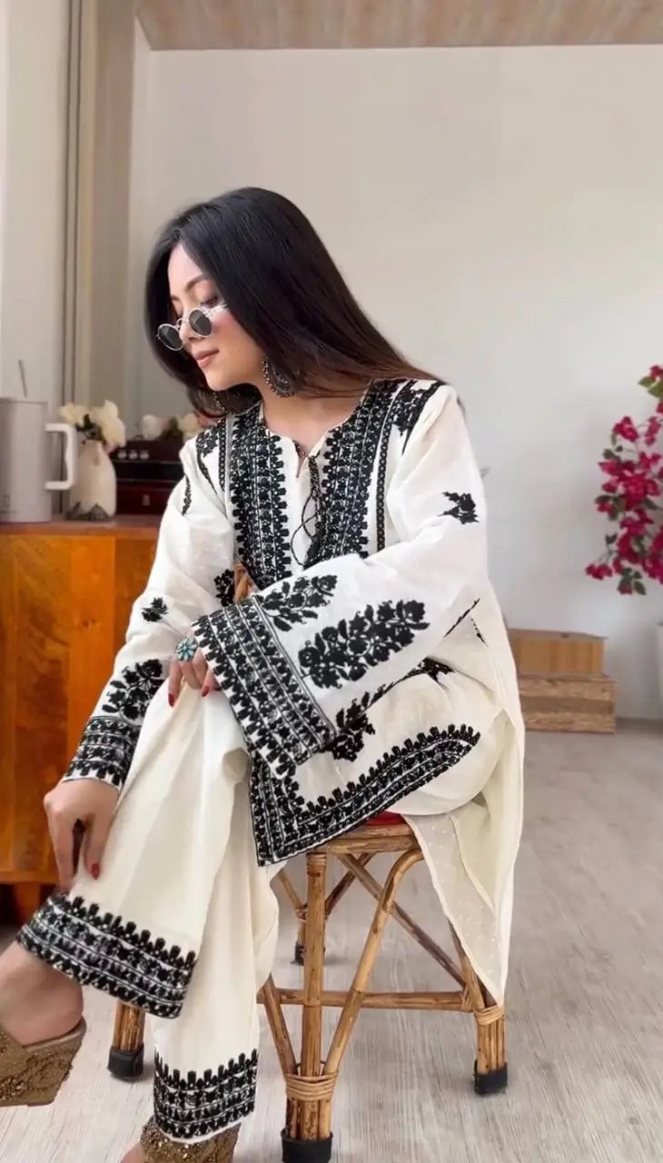 Black Chain Stitch work with White Kurta Set