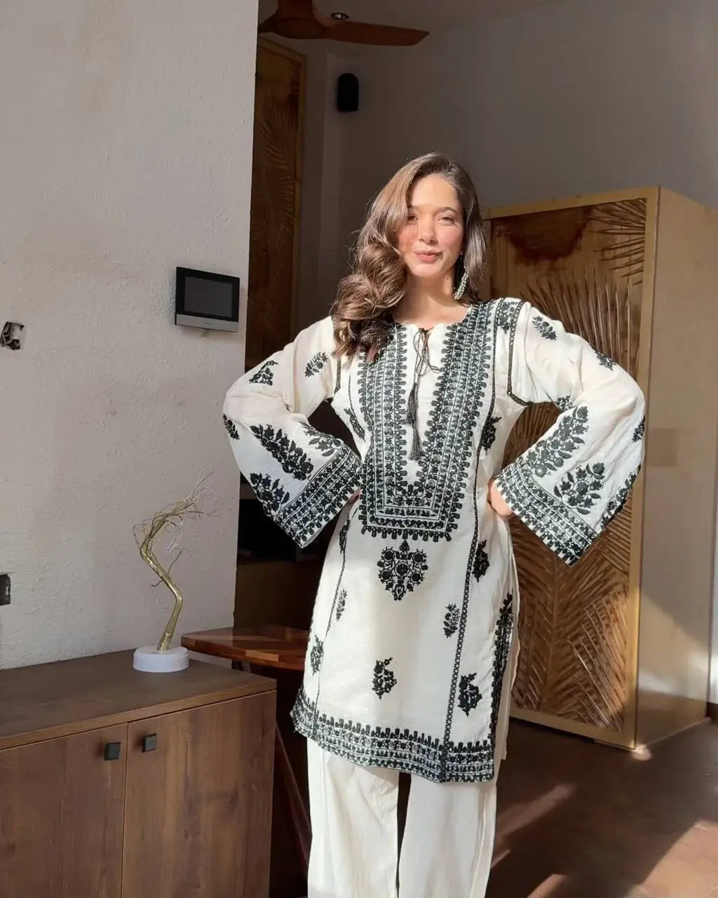 Black Chain Stitch work with White Kurta Set