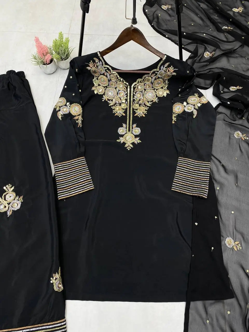 Black Crape Silk Embroidered Suit Set with Palazzo & Georgette Dupatta