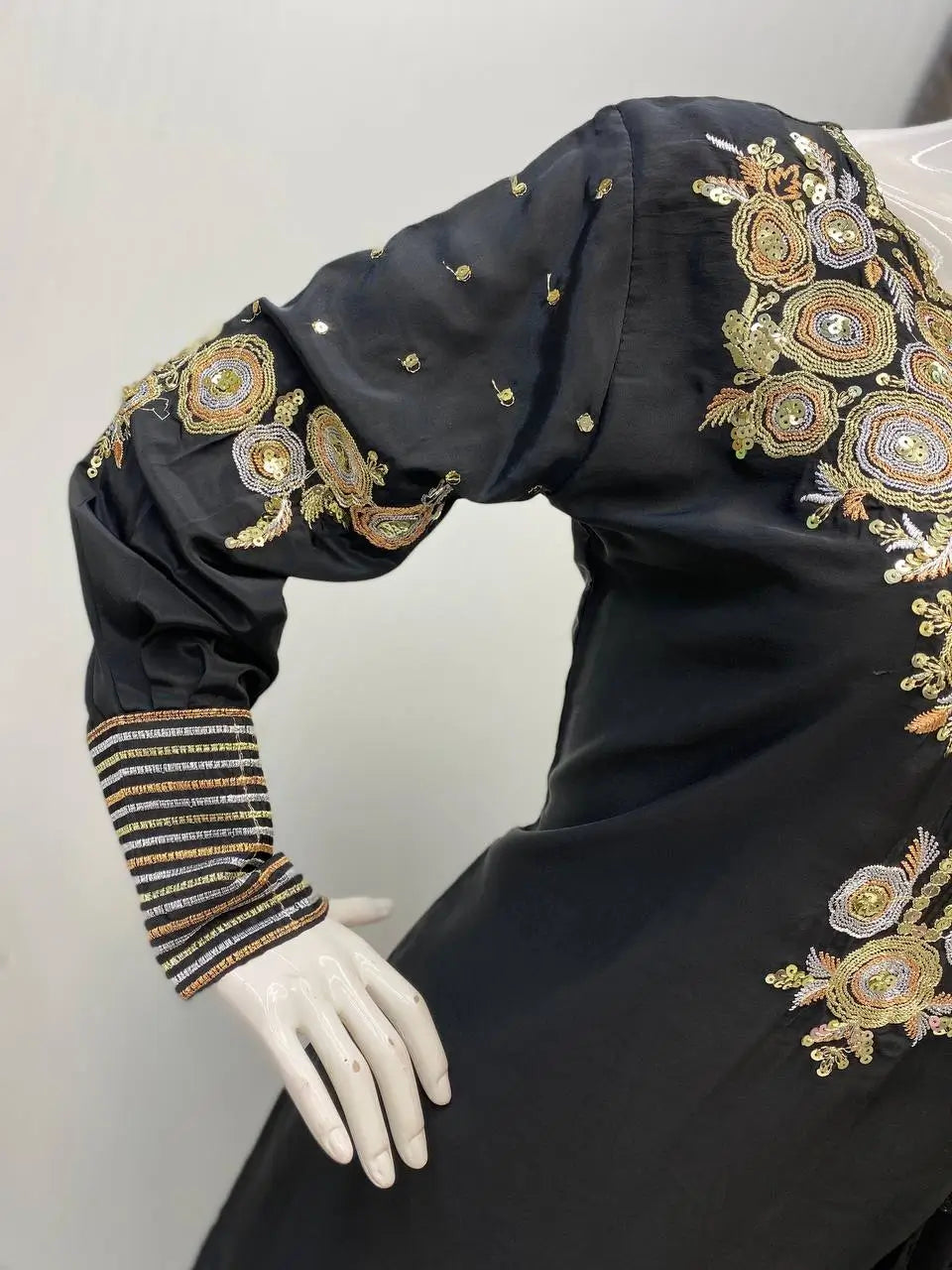 Black Crape Silk Embroidered Suit Set with Palazzo & Georgette Dupatta