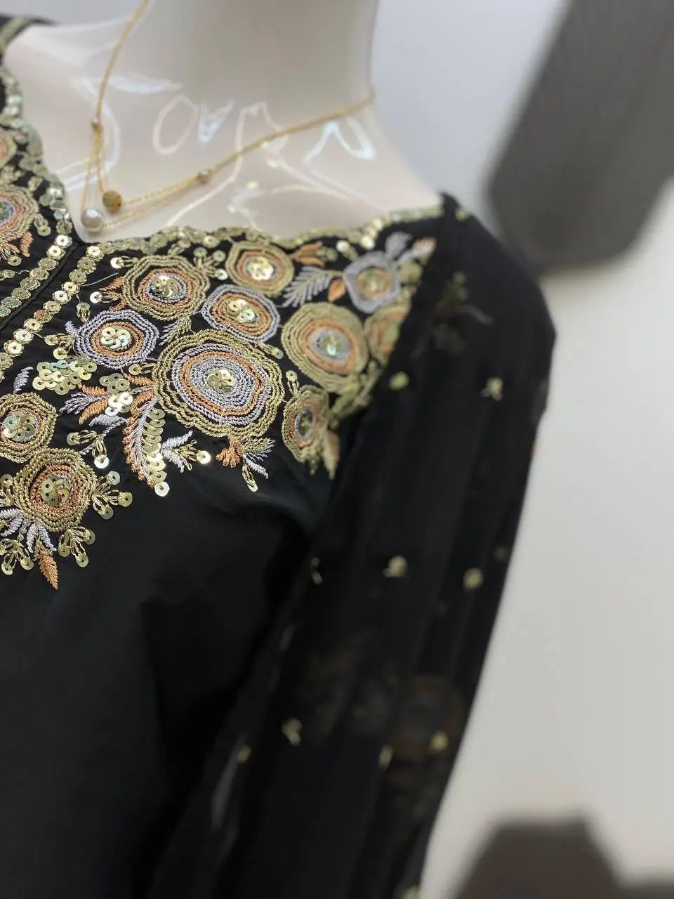 Black Crape Silk Embroidered Suit Set with Palazzo & Georgette Dupatta