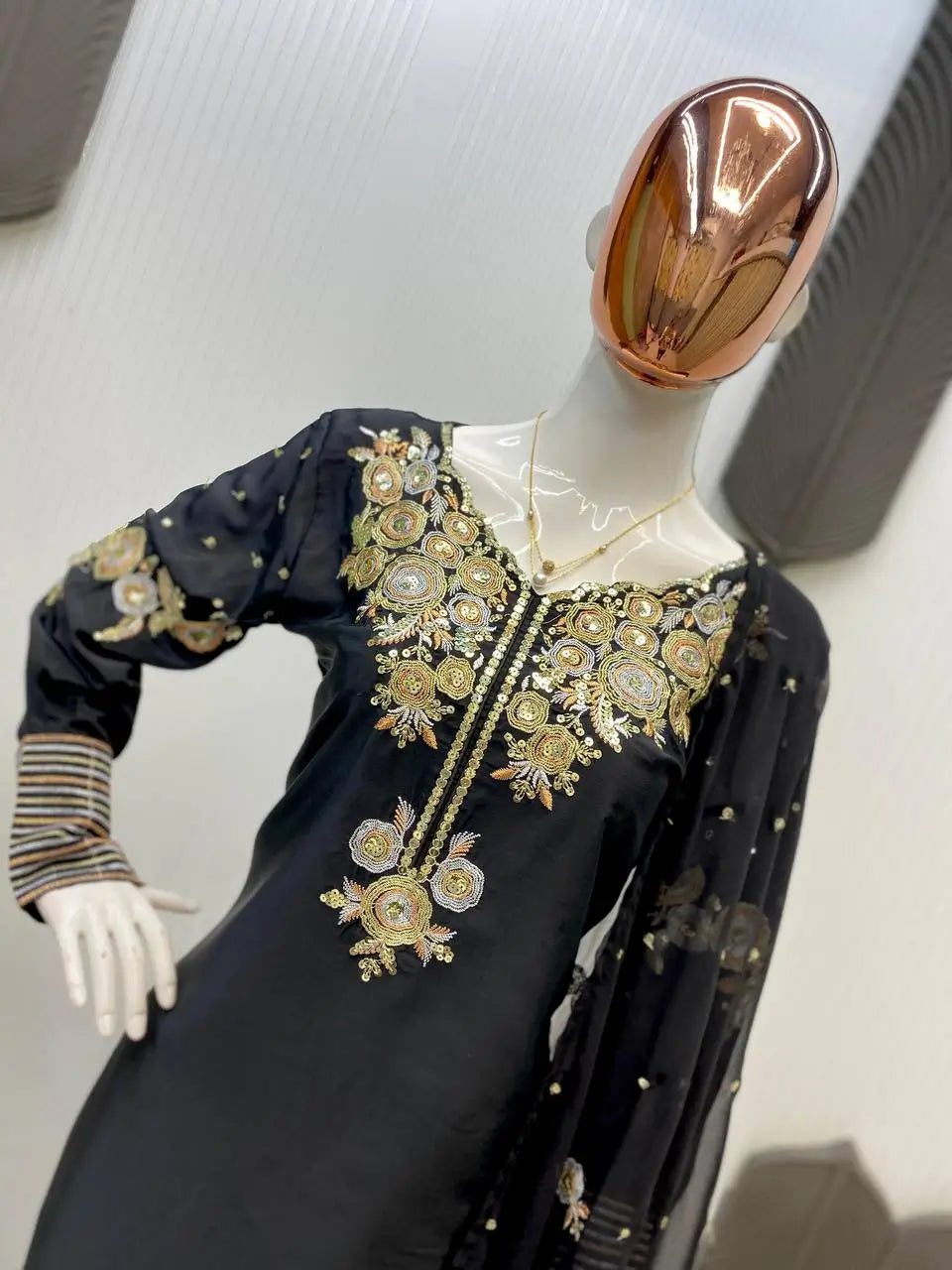 Black Crape Silk Embroidered Suit Set with Palazzo & Georgette Dupatta