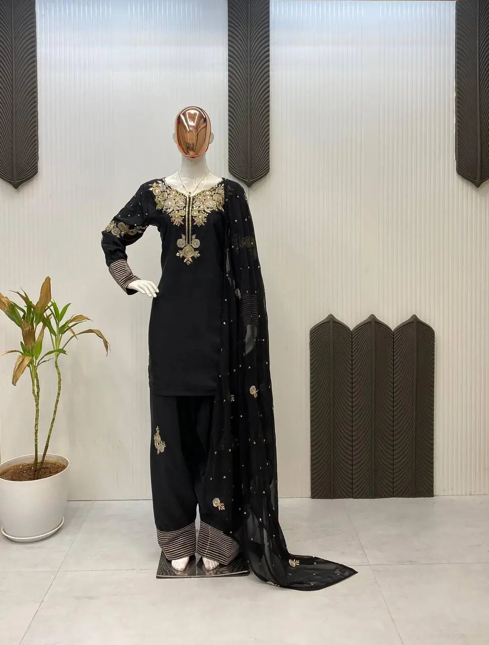 Black Crape Silk Embroidered Suit Set with Palazzo & Georgette Dupatta