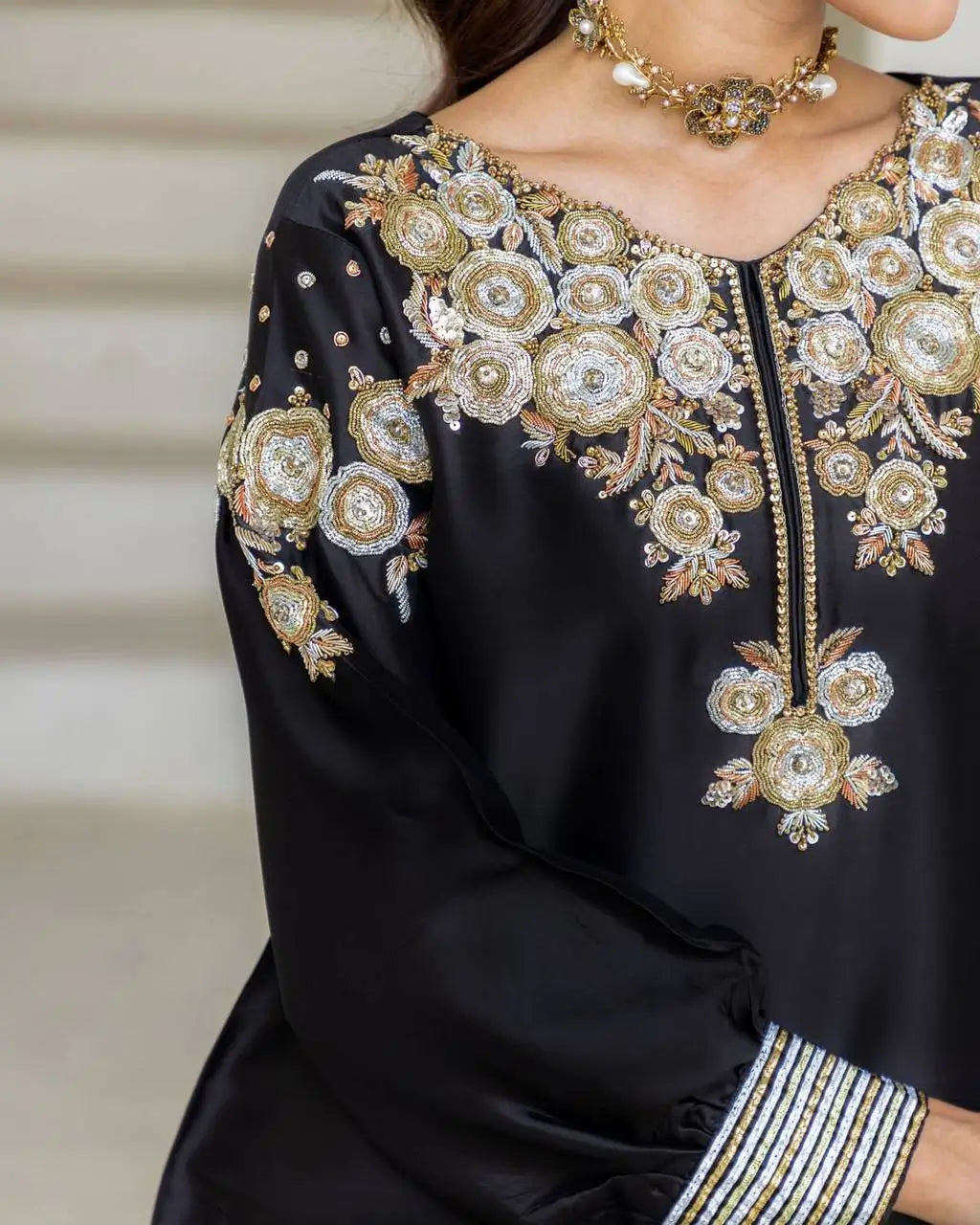 Black Crape Silk Embroidered Suit Set with Palazzo & Georgette Dupatta