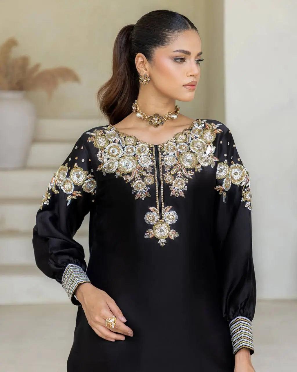 Black Crape Silk Embroidered Suit Set with Palazzo & Georgette Dupatta