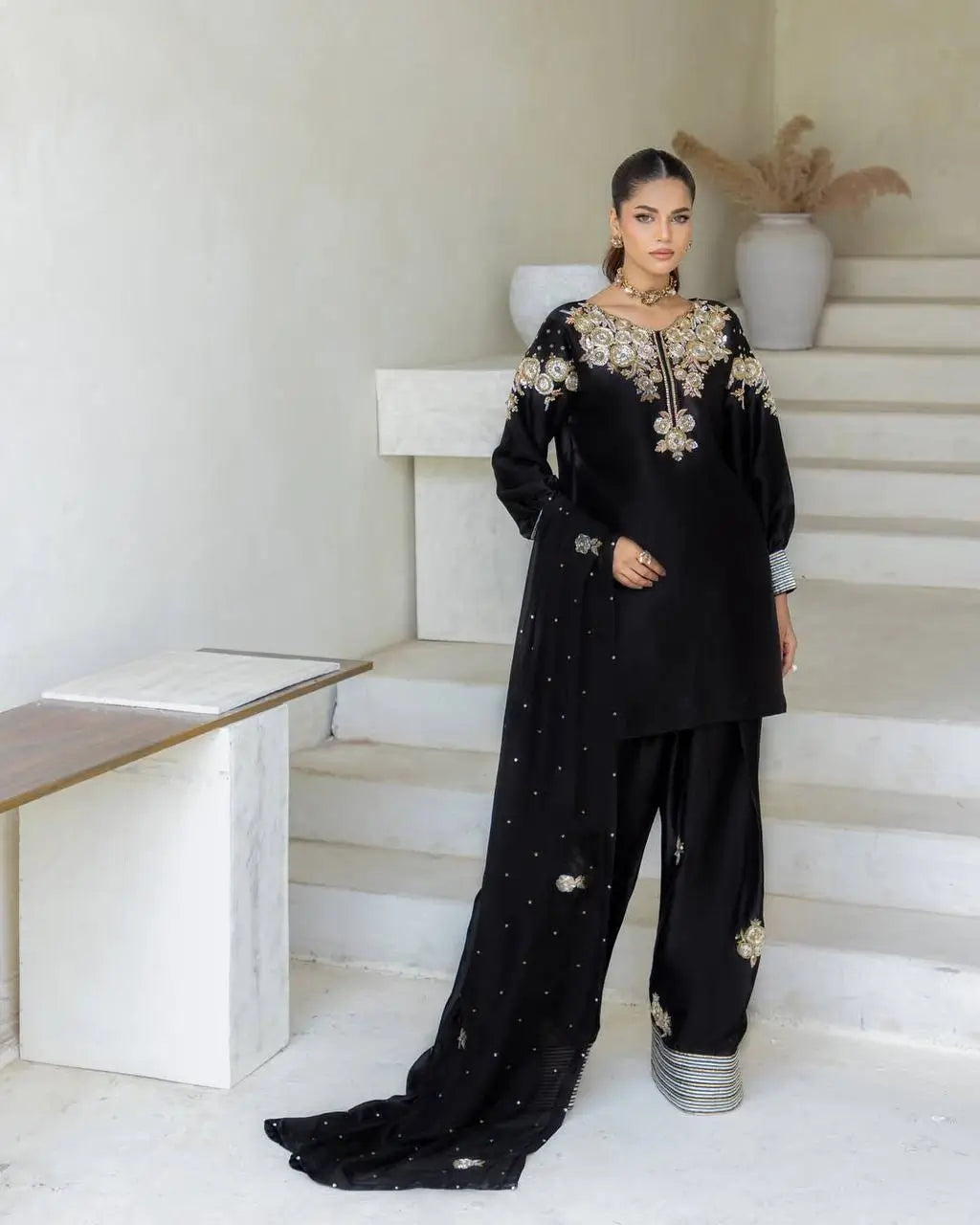 Black Crape Silk Embroidered Suit Set with Palazzo & Georgette Dupatta