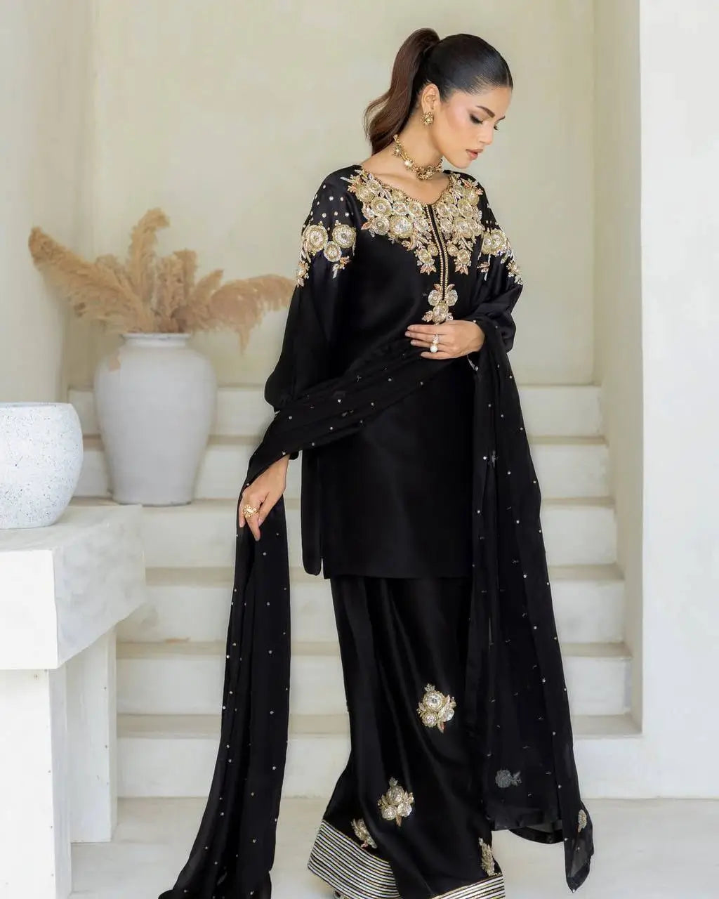 Black Crape Silk Embroidered Suit Set with Palazzo & Georgette Dupatta
