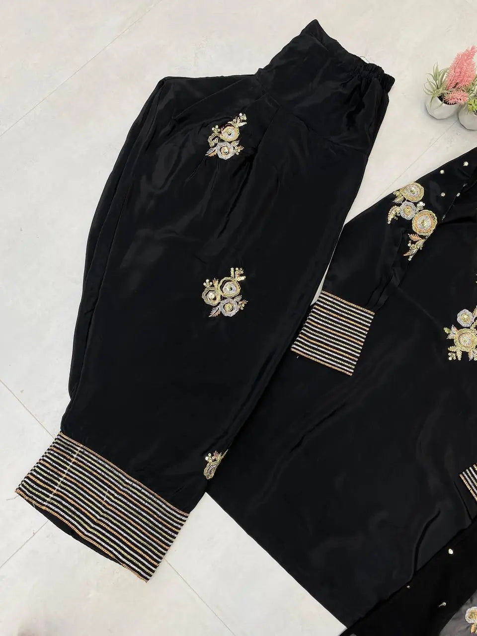 Black Crape Silk Embroidered Suit Set with Palazzo & Georgette Dupatta