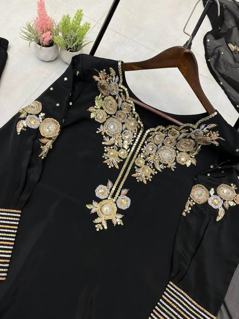Black Crape Silk Embroidered Suit Set with Palazzo & Georgette Dupatta