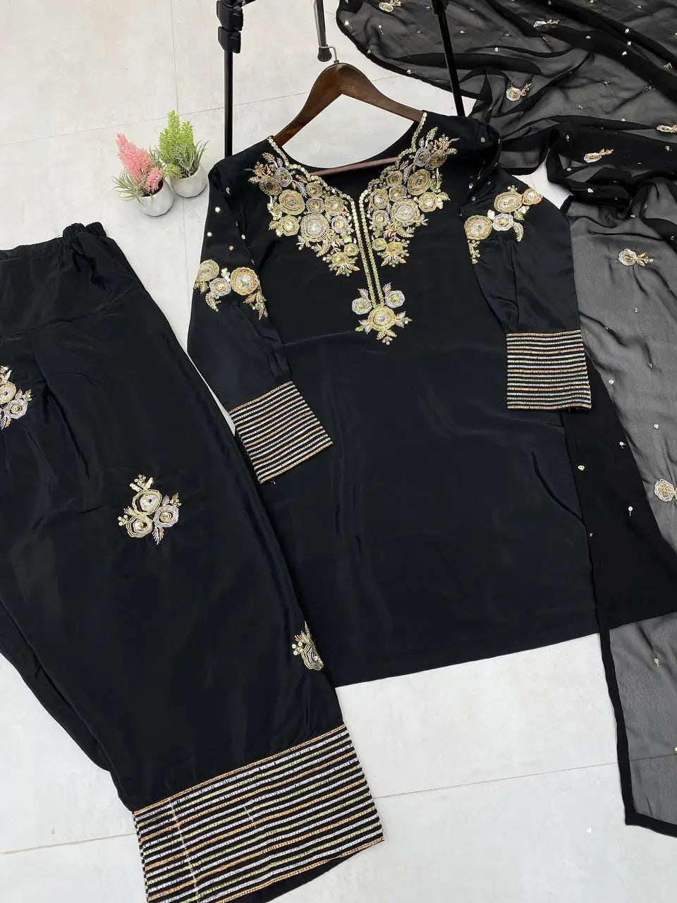 Black Crape Silk Embroidered Suit Set with Palazzo & Georgette Dupatta