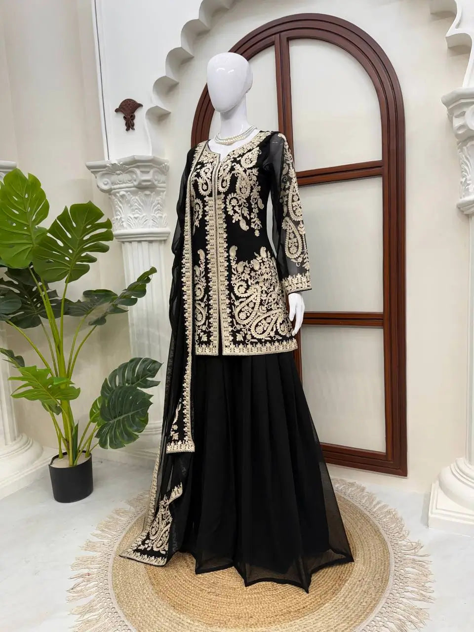 Black Cross Stitch Kurti Palazzo Set
