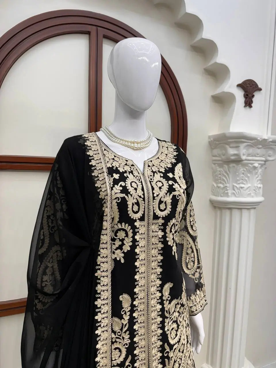 Black Cross Stitch Kurti Palazzo Set