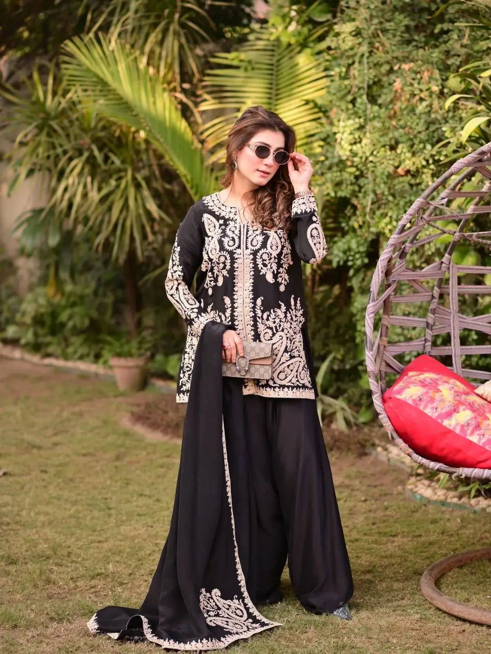 Black Cross Stitch Kurti Palazzo Set