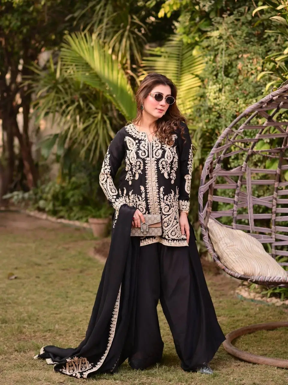 Black Cross Stitch Kurti Palazzo Set