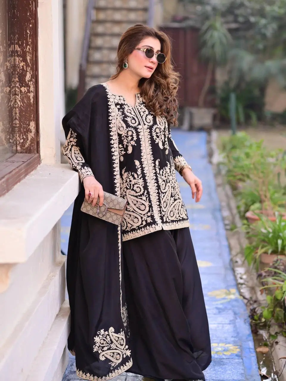 Black Cross Stitch Kurti Palazzo Set