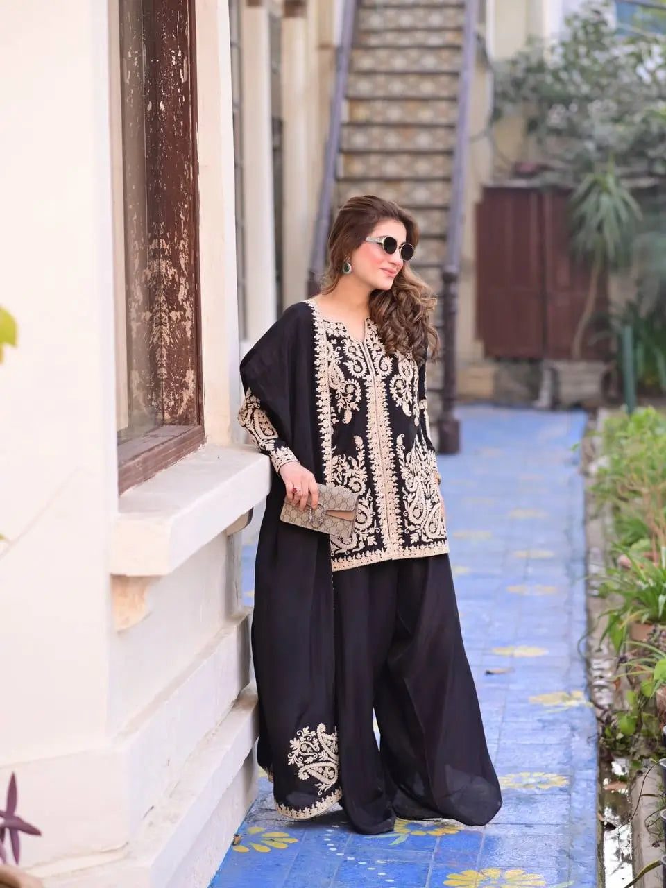 Black Cross Stitch Kurti Palazzo Set