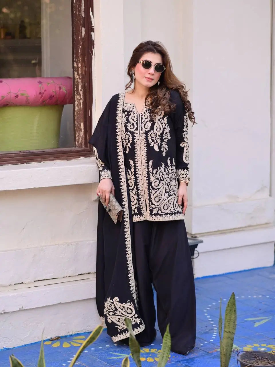 Black Cross Stitch Kurti Palazzo Set