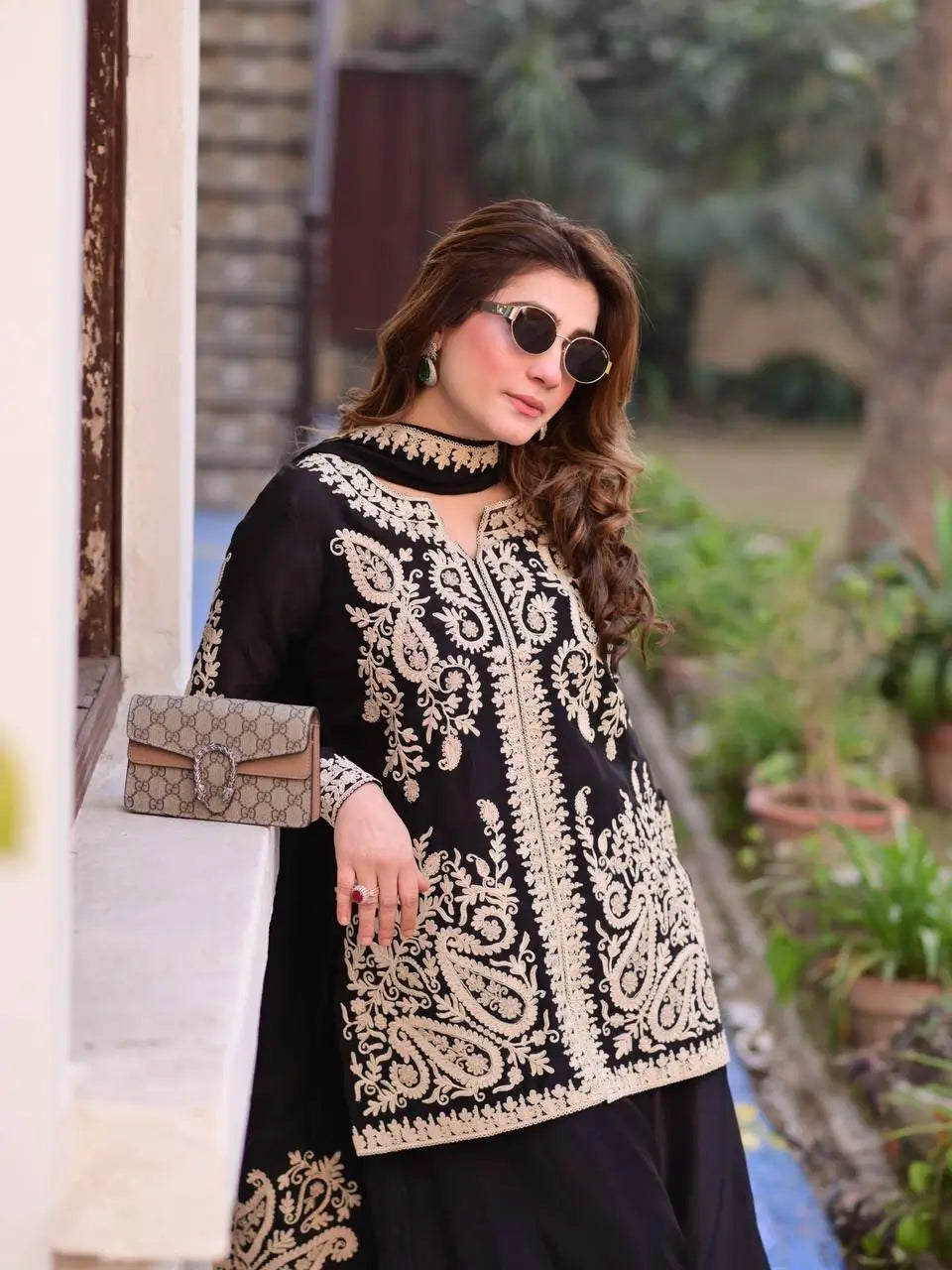 Black Cross Stitch Kurti Palazzo Set