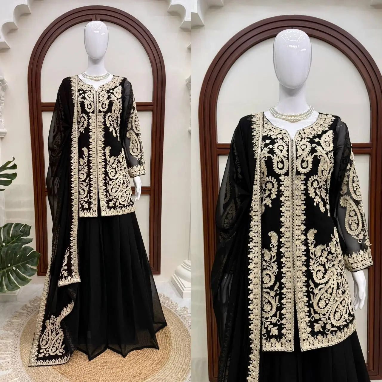 Black Cross Stitch Kurti Palazzo Set