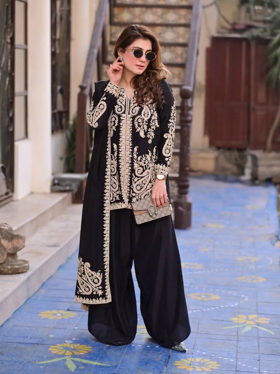 Black Cross Stitch Kurti Palazzo Set