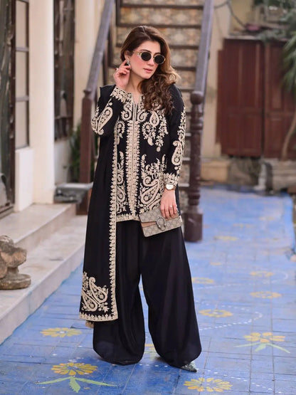 Black Cross Stitch Kurti Palazzo Set