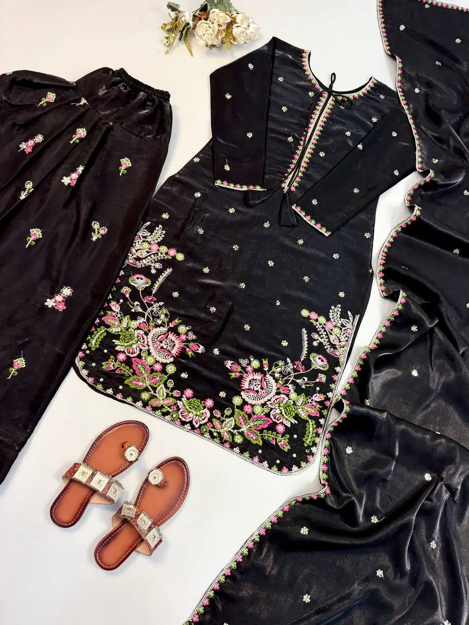 Black Embroidered Kurta Farshi Pant Set