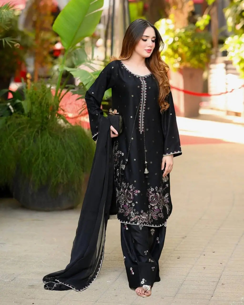 Black Embroidered Kurta Farshi Pant Set