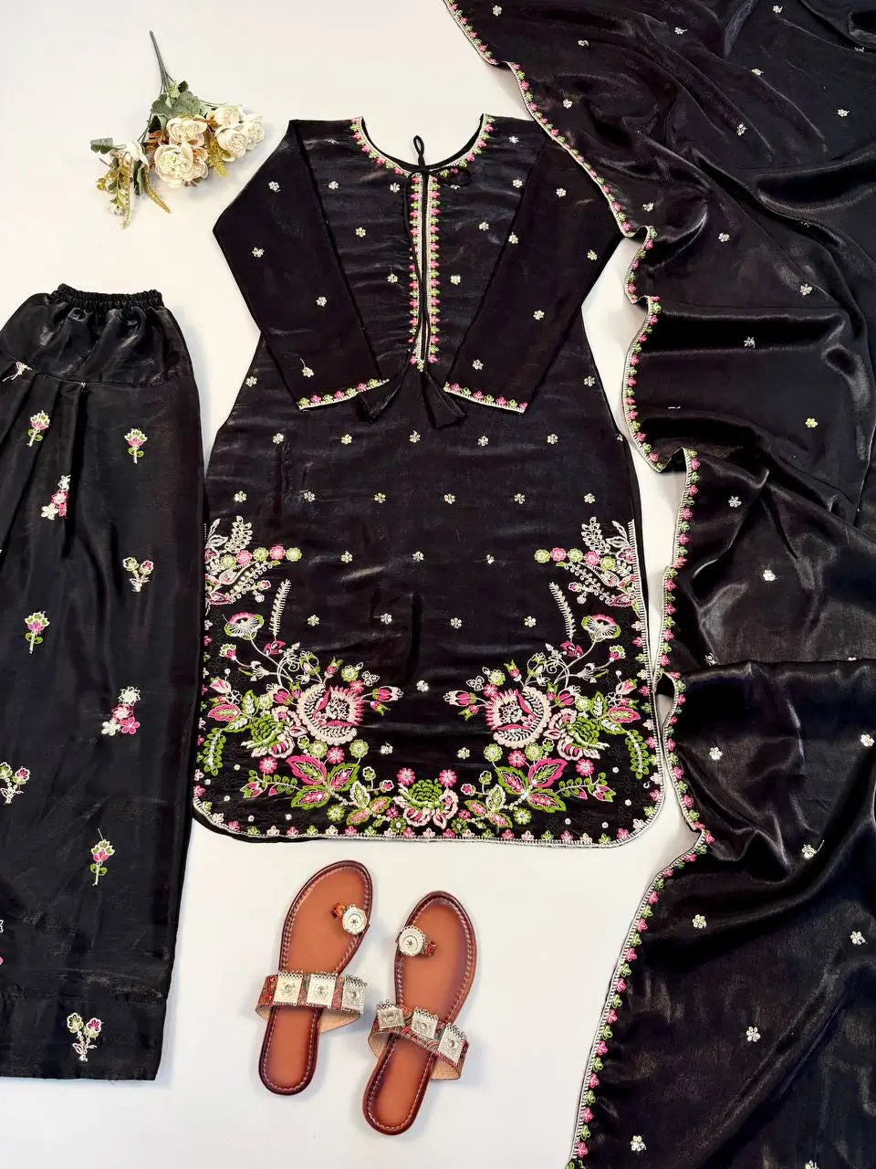 Black Embroidered Kurta Farshi Pant Set