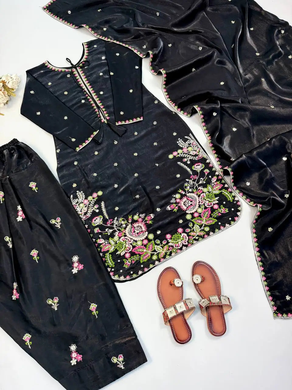Black Embroidered Kurta Farshi Pant Set