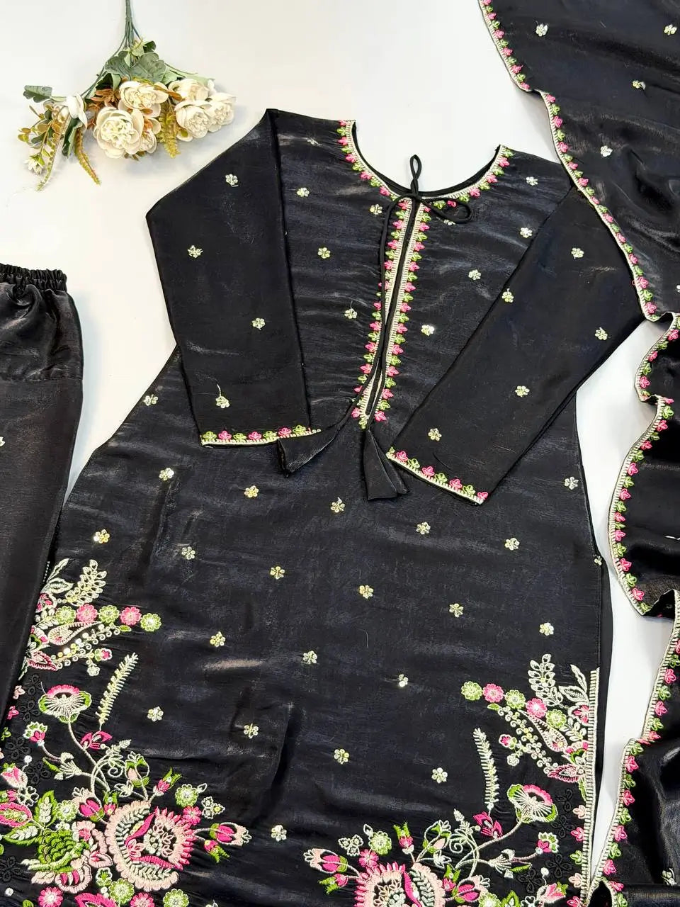 Black Embroidered Kurta Farshi Pant Set