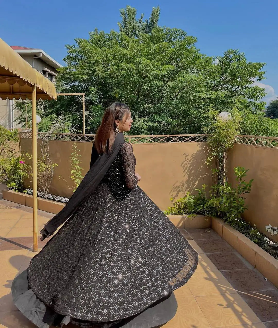 Black Faux Blooming Sequined Anarkali Suit with Dupatta